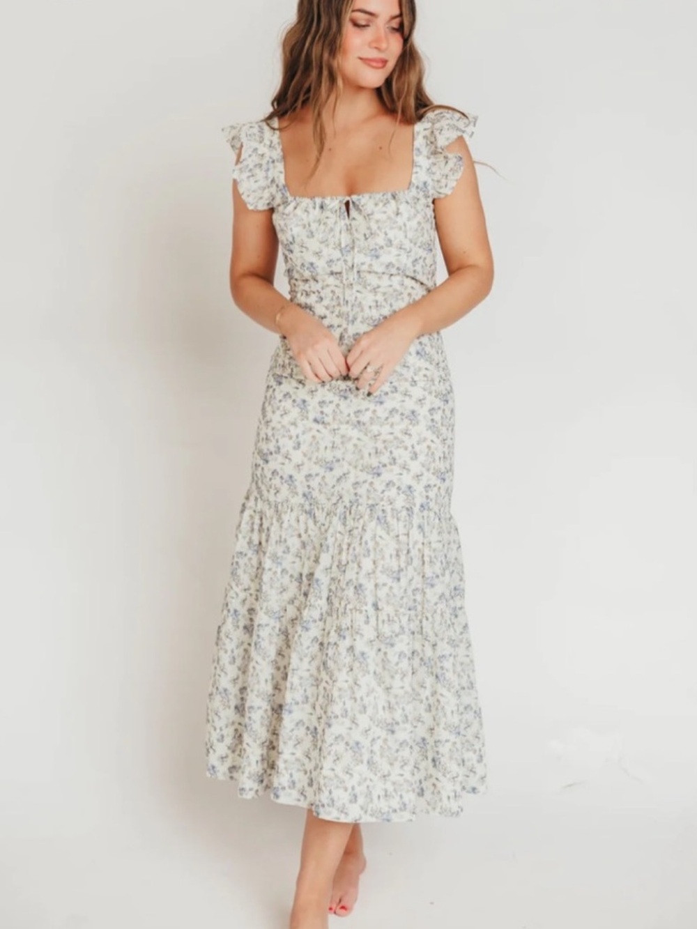 NEW! Worth Collective Emery Midi Dress Blue Floral Romantic Milkmaid Size M